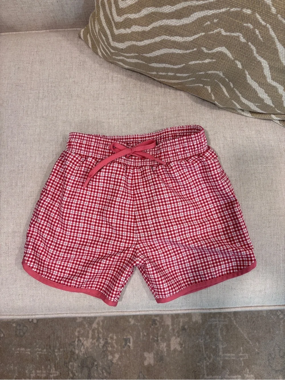Kids Red Gingham Swim Trunks with Drawstring